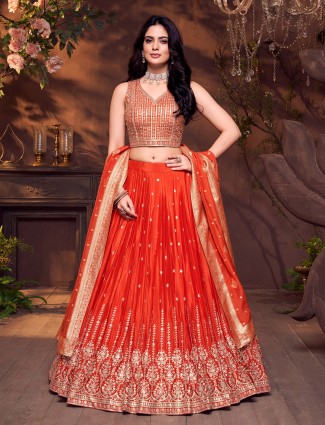 Orange silk sweetheart cutdana embellished lehenga choli