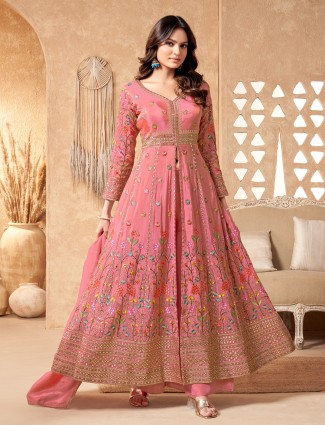 Pink silk anarkali with subtle detailing