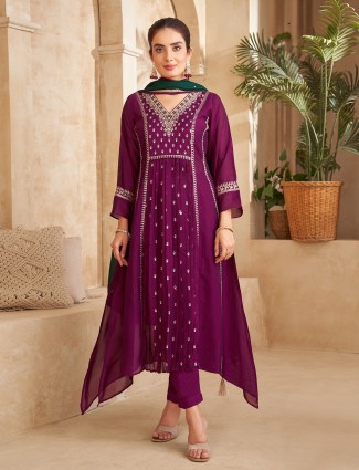 Purple cotton silk v neck salwar suit