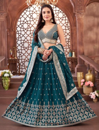 Rama green georgette V neck festive lehenga choli