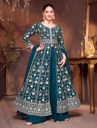 Rama green silk anarkali salwar suit