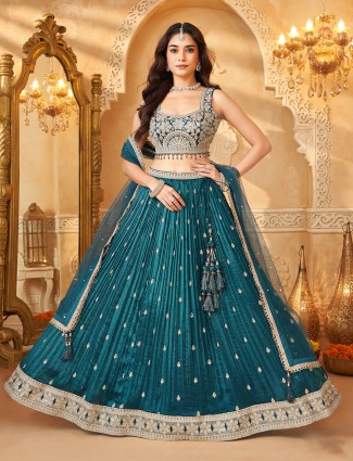 Rama green silk square neck diamond work lehenga choli