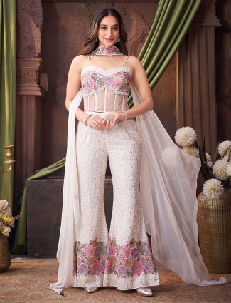White georgette stone embellished palazzo suit