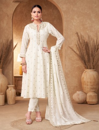 White silk anarkali with collar neckline