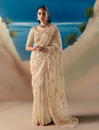 Cream satin organza graceful festive saree