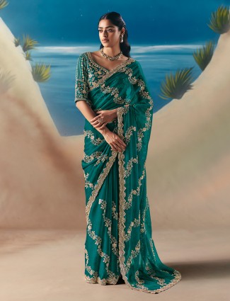 Green satin organza mehendi designer saree