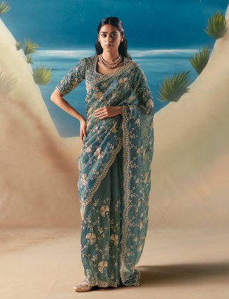Light blue satin organza ethereal party saree