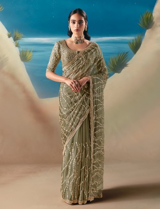 Light olive satin organza celebratory designer saree