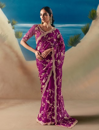 Purple satin organza festive sparkle saree