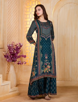 Rama blue printed cotton silk sharara kurti set