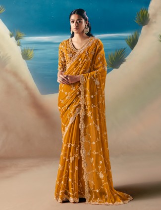 Yellow satin organza radiant festive saree