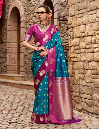 Blue satin silk festive zari ensemble