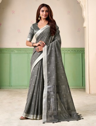 Grey linen silk tassel zari creation