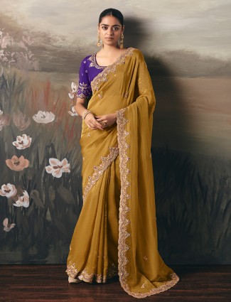 Mustard yellow tissue silk bridal saree