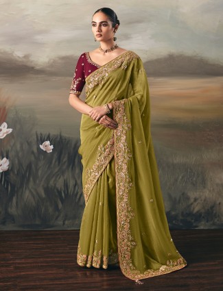 Olive tissue silk designer work saree