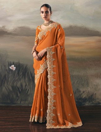Orange tissue silk heavy work saree