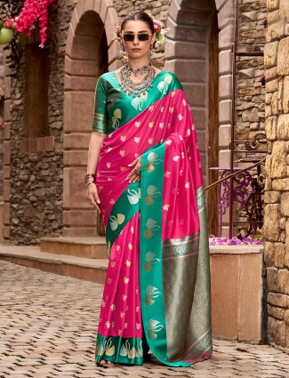 Pink satin silk glow with zari weave