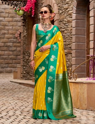 Yellow satin silk drape with festive zari