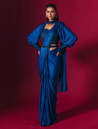 Blue lycra saree with refined pearl and cutdana work
