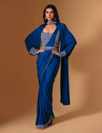 Blue satin belted saree