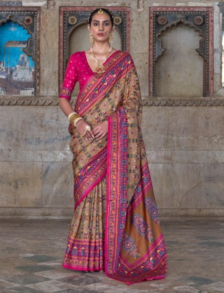 Brown pink printed silk saree