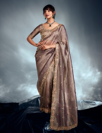 Grey organza saree with intricate embellishments