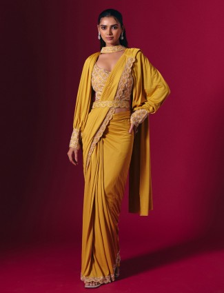 Mustard yellow satin saree for women