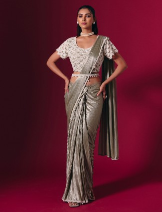 Silver shimmer lycra saree with glowing pearl accents