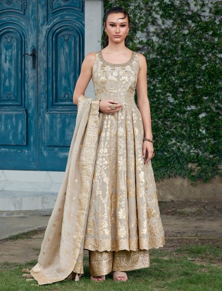 Soft beige silk palazzo suit for women