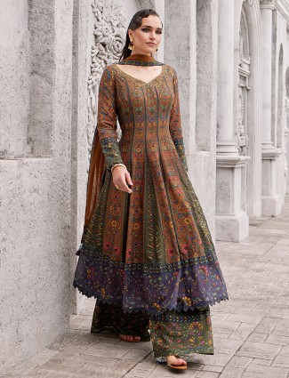 Printed brown silk palazzo with royal detail