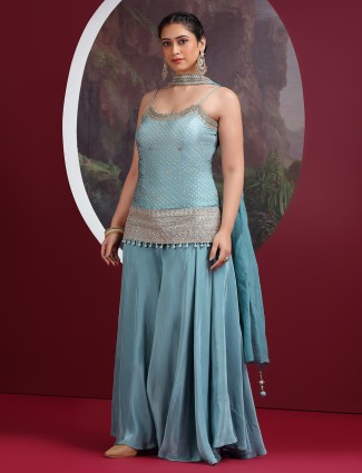 Light blue satin silk palazzo suit for women