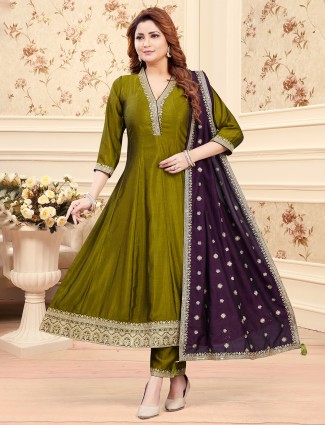 Olive silk salwar suit with contrasting purple dupatta