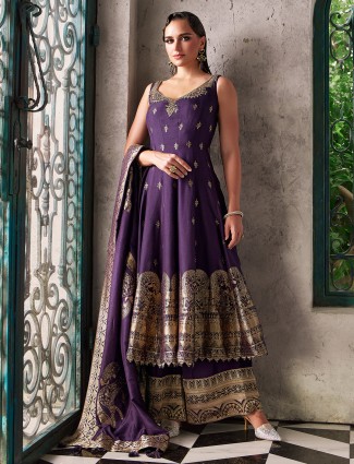 Purple silk pakistani palazzo suit with dupatta for women