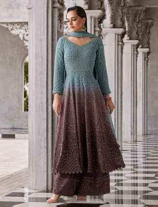 Shaded wine-blue palazzo with festive majesty