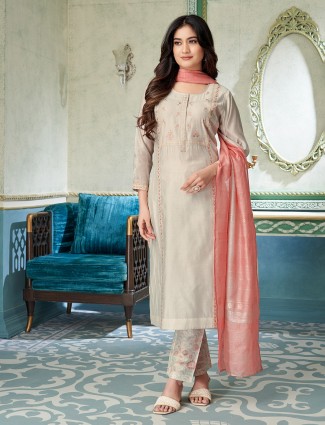 Beige cotton silk festive salwar suit