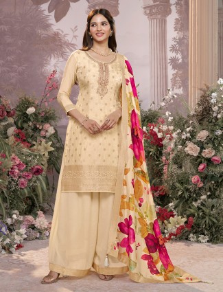 Beige silk festive salwar suit for women