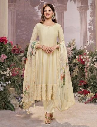 Cream silk salwar suit with coordinated printed dupatta