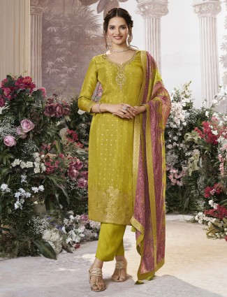 Olive silk salwar suit with elegant printed dupatta