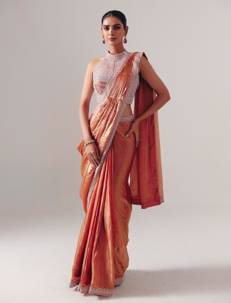 Orange chiffon silk wedding wear saree