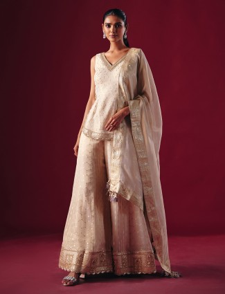 Cream georgette tissue silk palazzo suit with dupatta