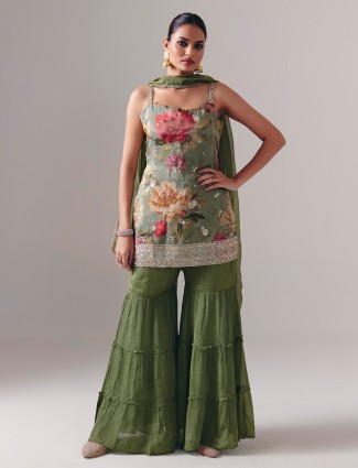 Mehendi green silk sharara suit with floral print
