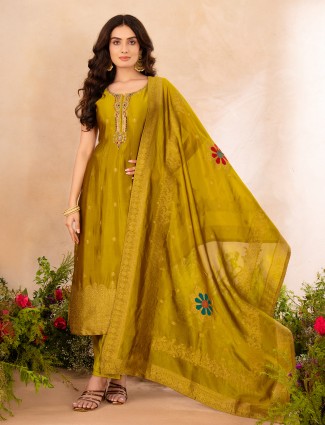 Mehendi olive embellished ethnic salwar suit