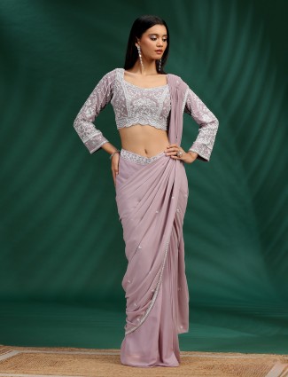 Onion pink georgette drape style saree for parties