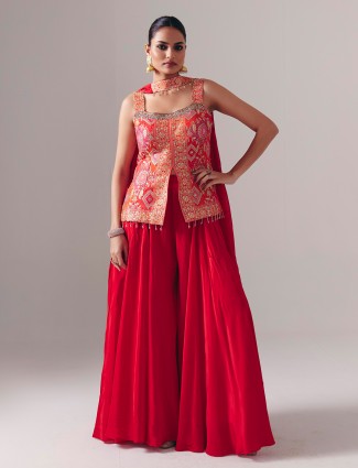 Red satin silk palazzo suit with dupatta