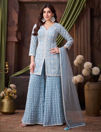 Sky blue georgette sharara suit for women wedding wear