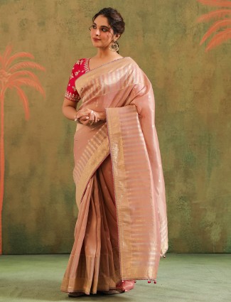 Peach silk saree with red blouse for women