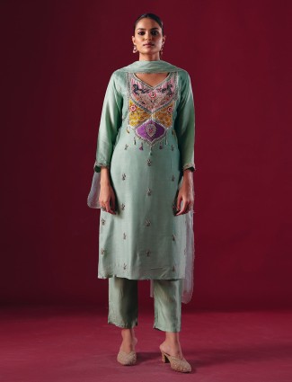 Pista green silk pakistani pant suit with dupatta