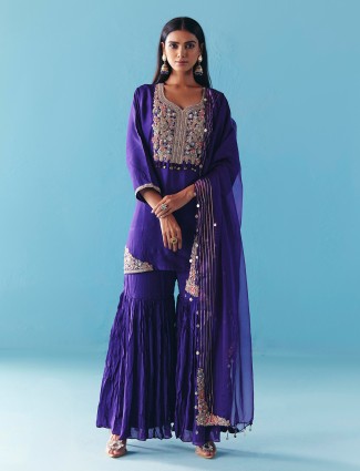 Purple silk pakistani sharara suit with dupatta for women wedding wear