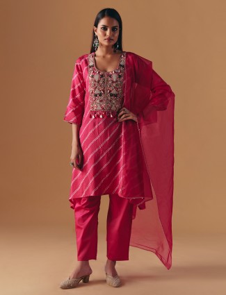 Rani pink silk yoke style pant suit with dupatta