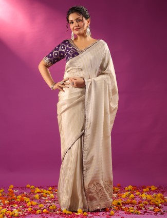 Silver silk festive ready saree with purple blouse for women